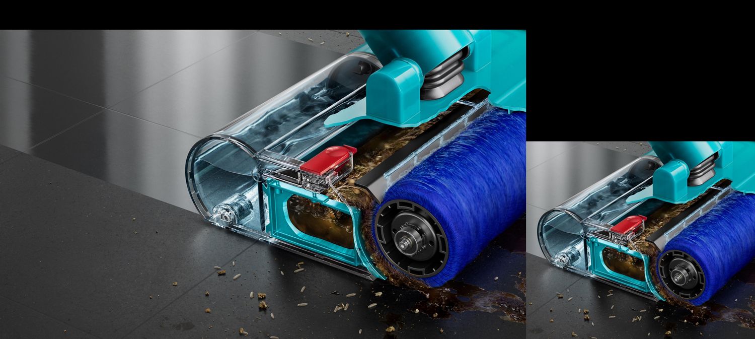 Motorised wet roller on a stone floor with some debris to the front and side leaving behind a clean sheen.