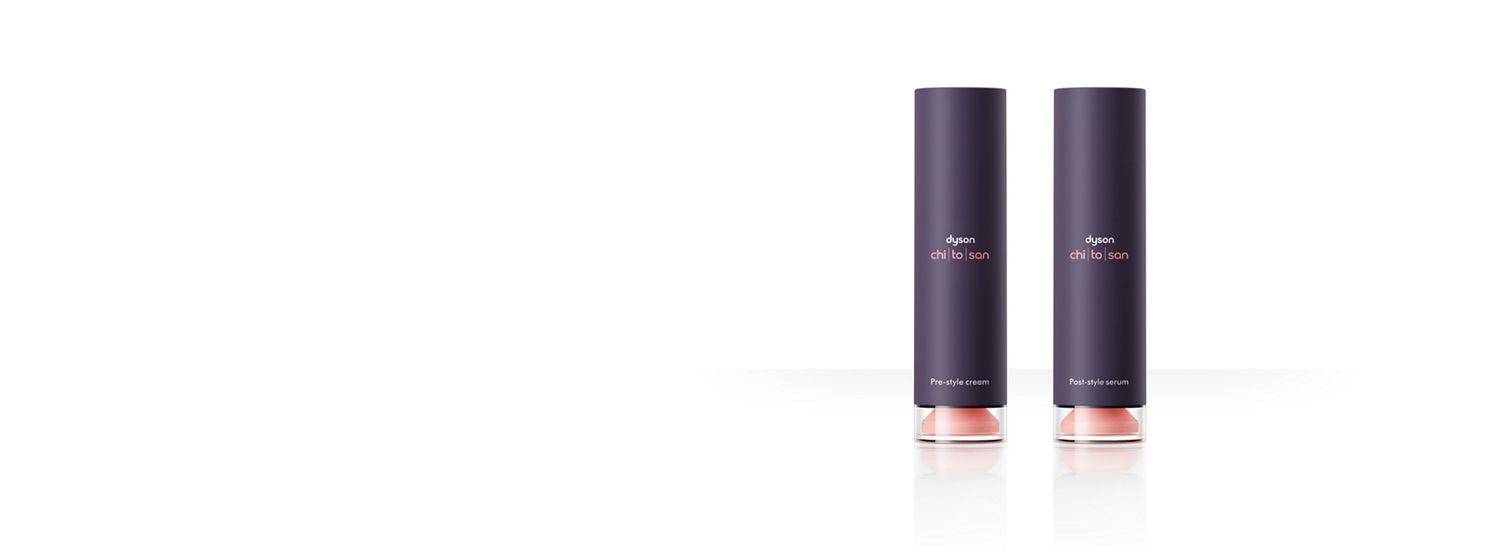Dyson Chitosan Pre-style cream and Post-style serum, side by side.