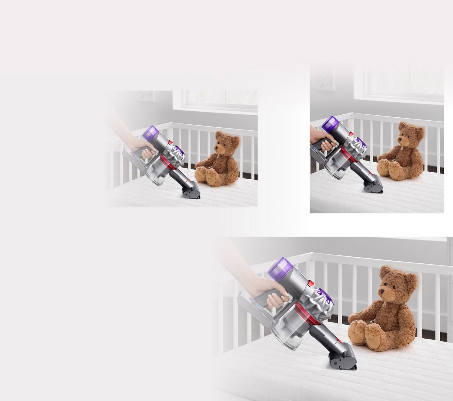 A person uses the Mini motorised head on the Car+Boat vacuum to clean a baby's cot mattress with a teddy bear in the background.